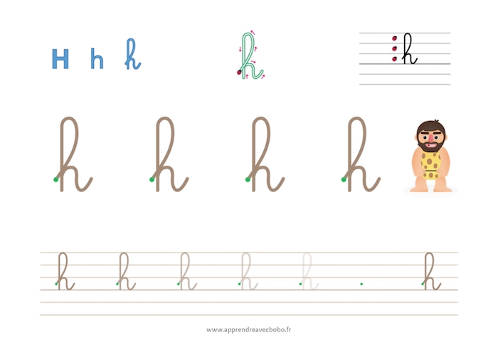 tracé des lettres à boucles - fiche d'écriture à imprimer - lettre h cursive minuscule