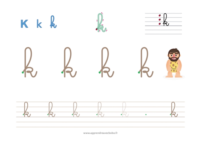 tracé des lettres à boucles - fiche d'écriture à imprimer - lettre k cursive minuscule