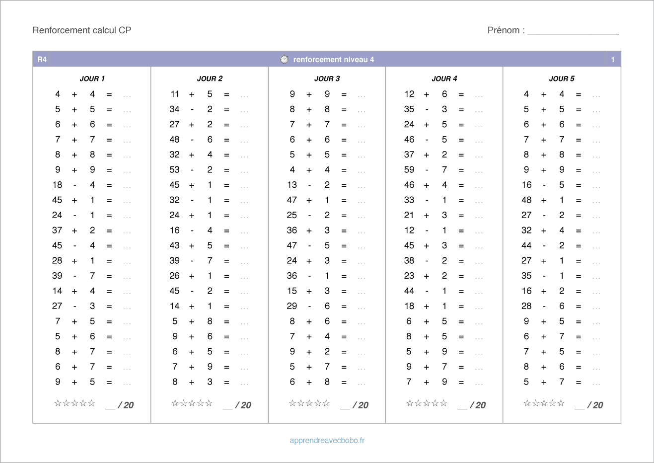 Fiches de calcul cp imprimer pour devenir un as en calcul mental